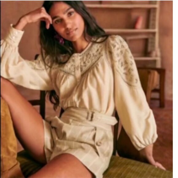 Sézane Tops - NWT Sézane Donia Blouse Beige Linen/Cotton Blend Lace Long Sleeve T44/UK16/US